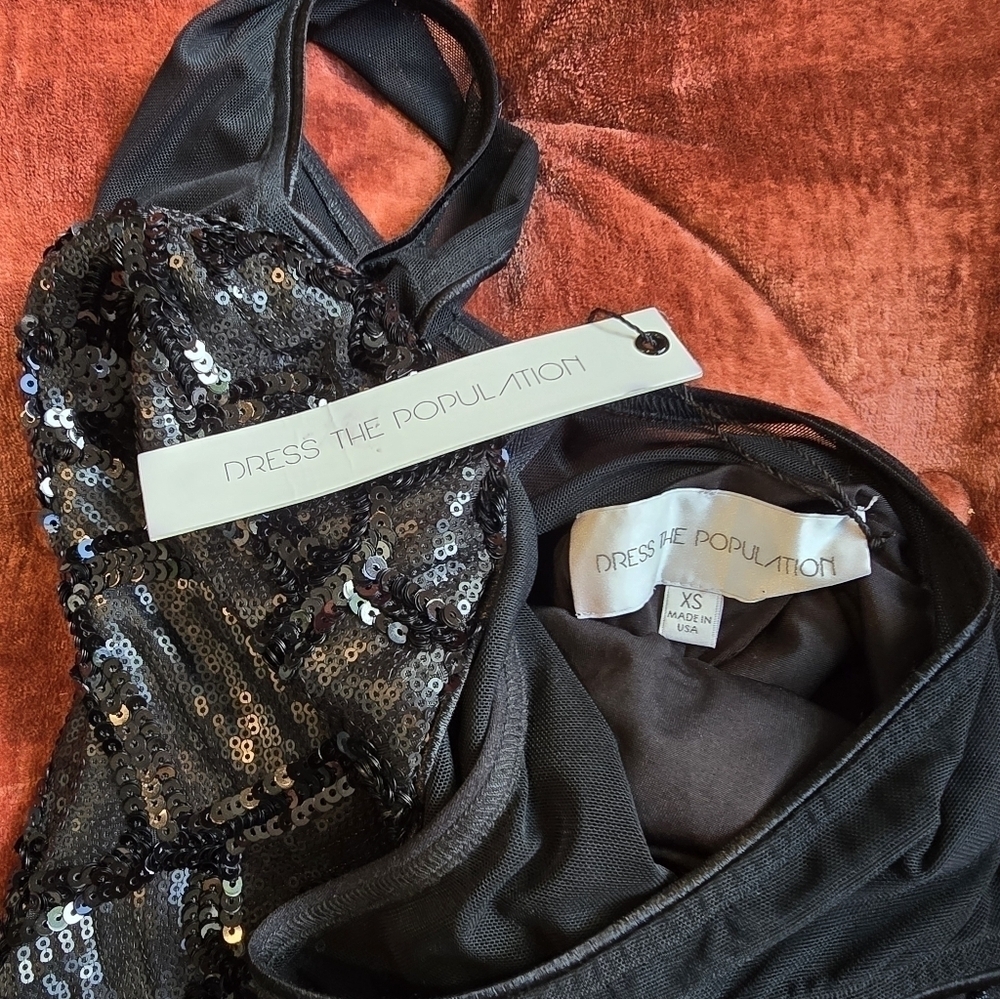 NWT Dress the Population Black Sequin Bodycon Mini Dress Mesh Neckline V Back XS - Picture 14 of 14